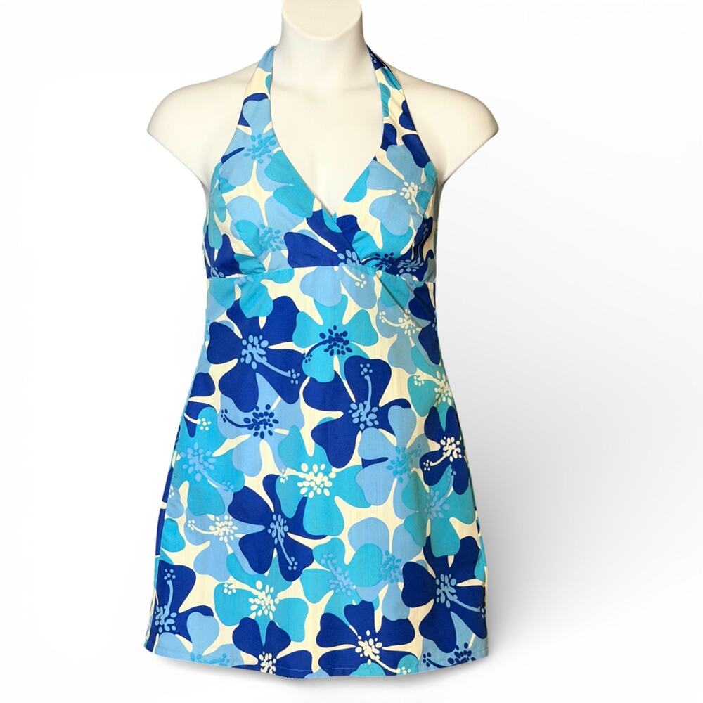 Vintage Y2K Reversible Halter Mini Dress Blue Floral Stripe Back Zip Sz L Summer